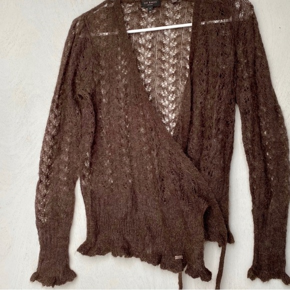 Ted Baker Brown Wool Wrap Cardigan w/ Lettuce Hem - Picture 5 of 6